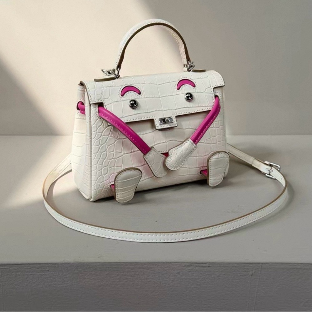 White Croc-Embossed Top Handle Bag with Pink Accent